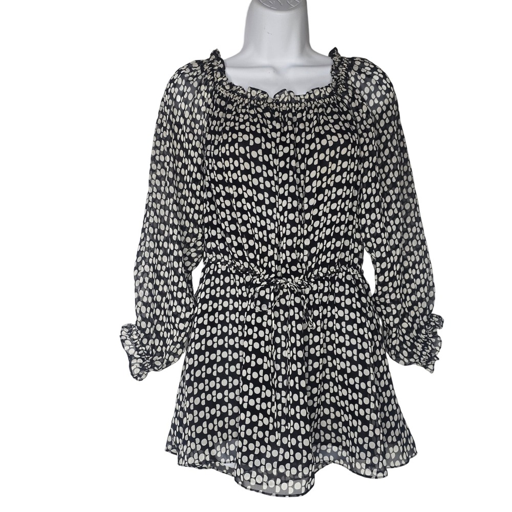Diane von Furstenberg Camila Top Women 10 Black White Silk Polka Dot Blouse